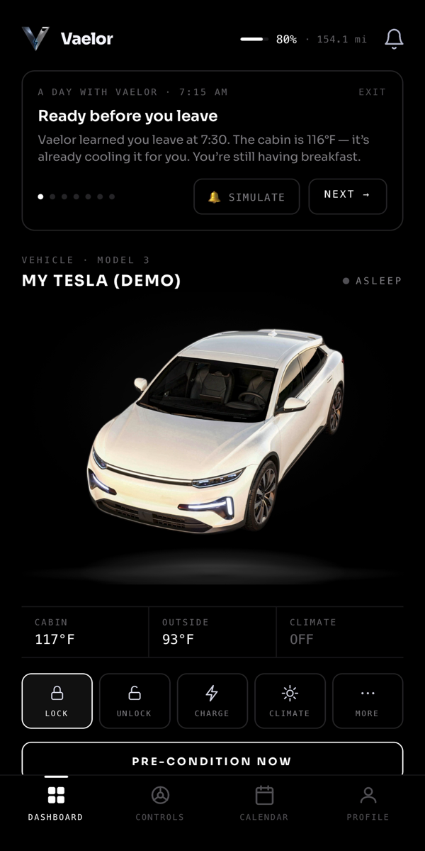 Vaelor dashboard — your Tesla, pre-cooling before you leave