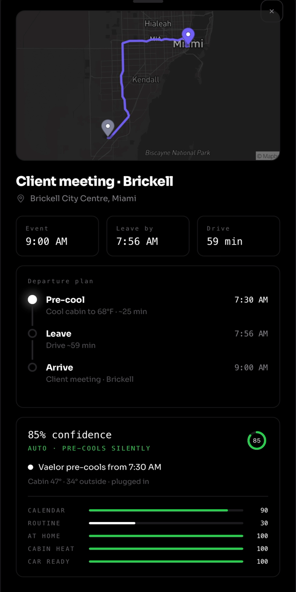 Calendar departure — route and pre-cool plan