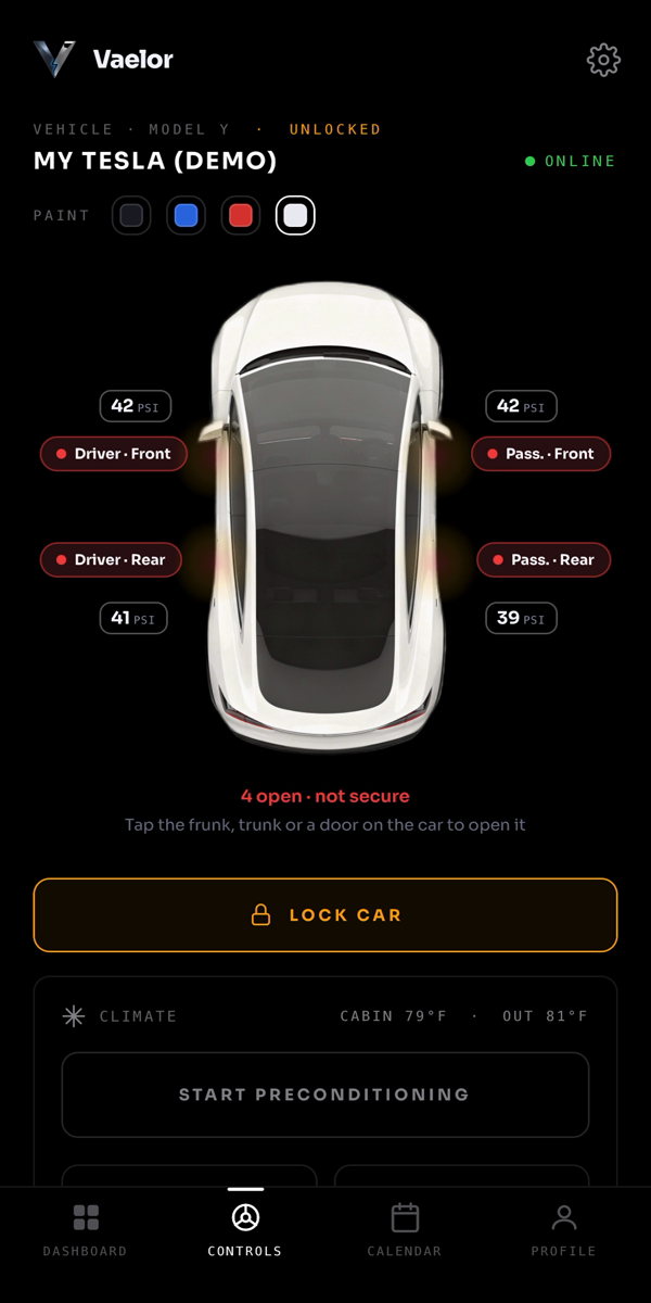 Controls — lock, climate, charging